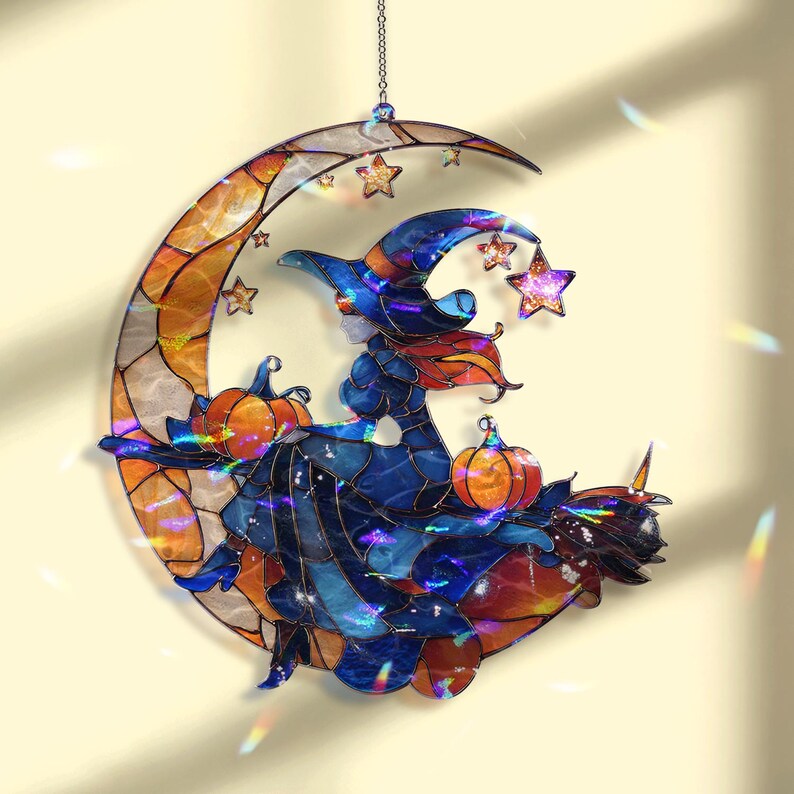 Acryl Suncatcher Hexe auf Halbmond, Faux Glasmalerei Kürbis Fensterschmuck, Gruselige Niedliche Herbst Wohnkultur