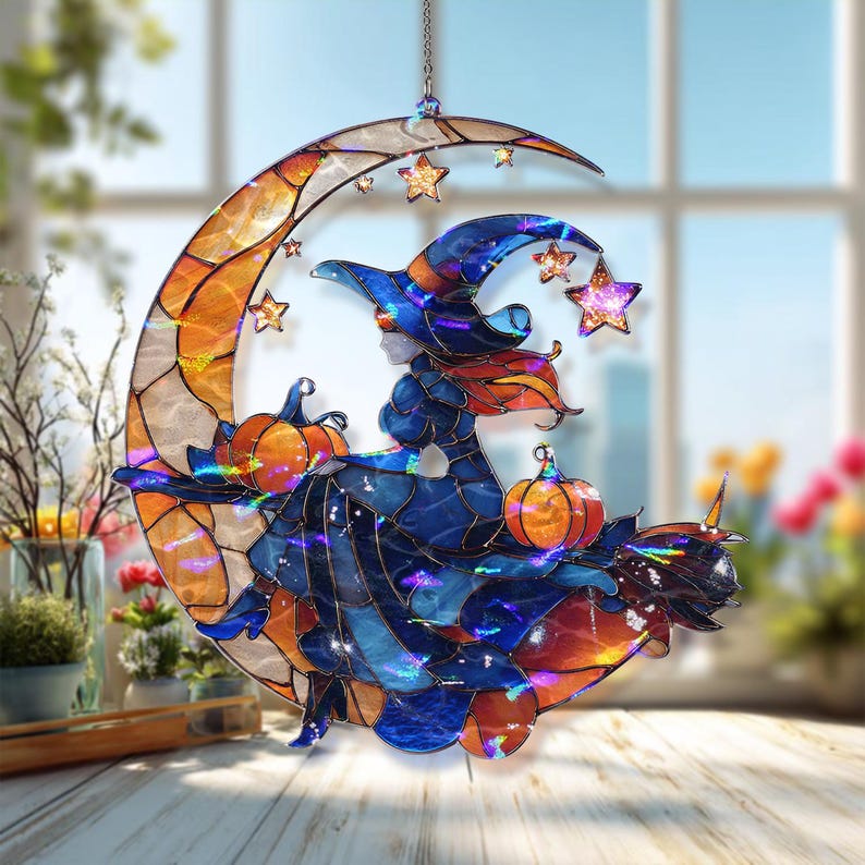 Acryl Suncatcher Hexe auf Halbmond, Faux Glasmalerei Kürbis Fensterschmuck, Gruselige Niedliche Herbst Wohnkultur