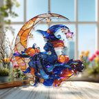 Acryl Suncatcher Hexe auf Halbmond, Faux Glasmalerei Kürbis Fensterschmuck, Gruselige Niedliche Herbst Wohnkultur