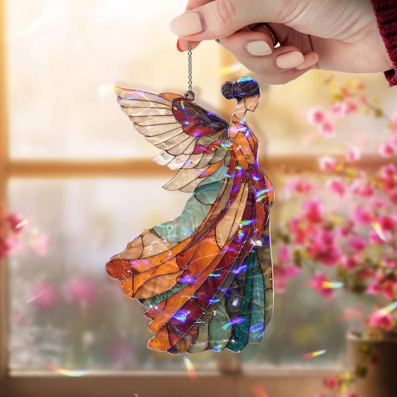 Acryl-Sonnenfänger, Glas-Schutzengel Fensterschmuck, spirituelle geflügelte Figur Wandkunst in warmen Erdtönen