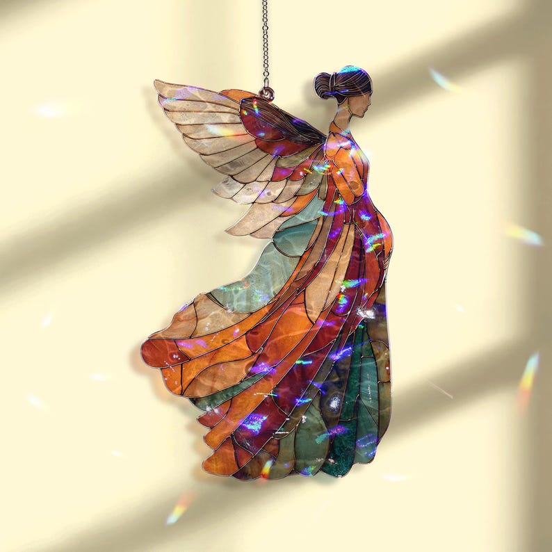 Acryl-Sonnenfänger, Glas-Schutzengel Fensterschmuck, spirituelle geflügelte Figur Wandkunst in warmen Erdtönen
