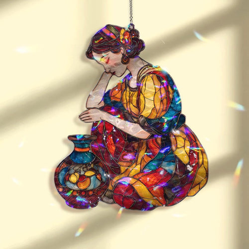 Acryl Suncatcher, Frau mit Vase, Bunte Glasmalerei Fensterbehang, Modernes Hauptakzentdekor