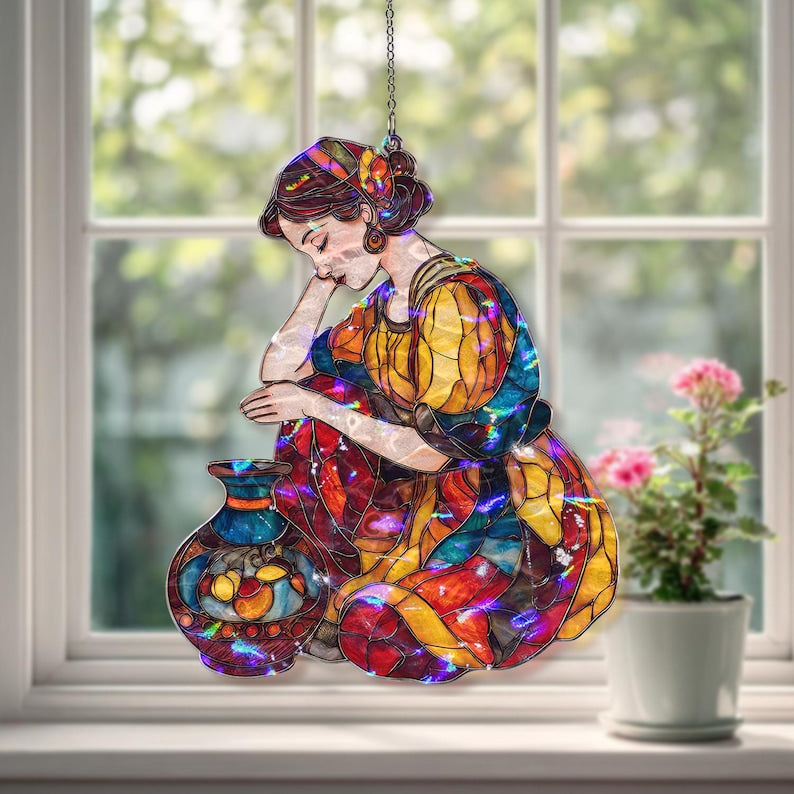Acryl Suncatcher, Frau mit Vase, Bunte Glasmalerei Fensterbehang, Modernes Hauptakzentdekor