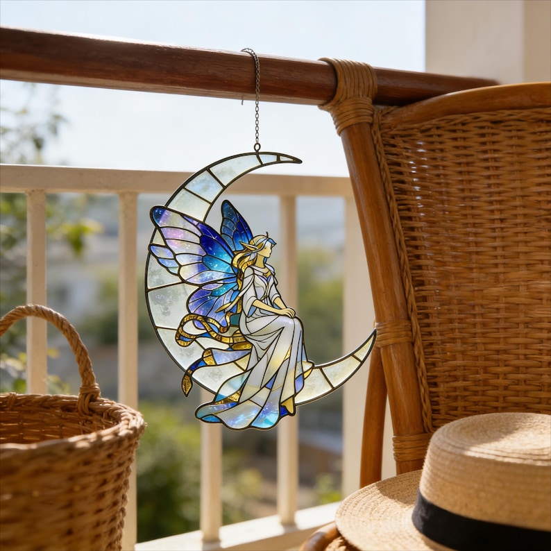 Fee Mond Glasmalerei Suncatcher, himmlische Kinderzimmer Dekor