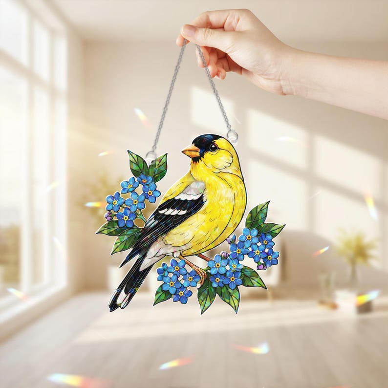 Acryl Hologramm Sonnenfänger Vogel Fensterbild Gelb Stieglitz 3 Zoll bis 12 Zoll