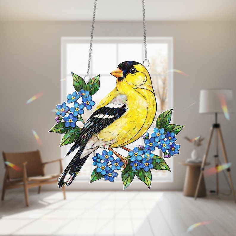Acryl Hologramm Sonnenfänger Vogel Fensterbild Gelb Stieglitz 3 Zoll bis 12 Zoll