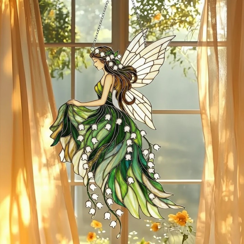 Maiglöckchen Fairy Acryl Suncatcher, Fee Fensterschmuck, Cottagecore Home Decor, 3 mm Acryl