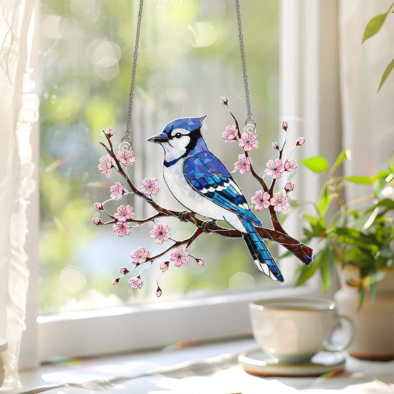 Hologramm Acryl Suncatcher, 3,5-12 Zoll, Vogel Kirschblüten Fensterschmuck, Regenbogen Maker