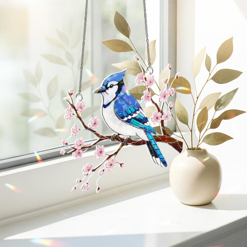 Hologramm Acryl Suncatcher, 3,5-12 Zoll, Vogel Kirschblüten Fensterschmuck, Regenbogen Maker