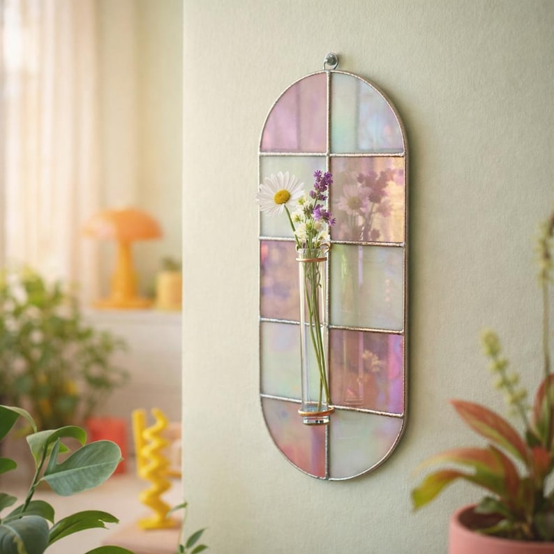 Glasmalerei-Wandvase rosa weiß Schachbrett, Boho Gartenkunst, Tiffany-Kupferfolie
