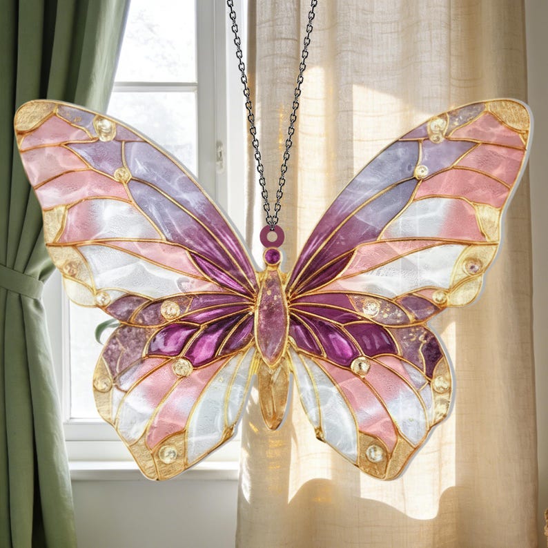 Glitzernder rosa Schmetterling Acrylverzierung Fensterbehang Boho Hausgarten-Dekor Regenbogen-Lichtfänger