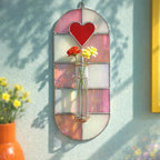 Handgefertigte Glasmalerei Herz Wandvase mit Reagenzglashalter - Funky Series, Rot & Rosa, 19,5 cm
