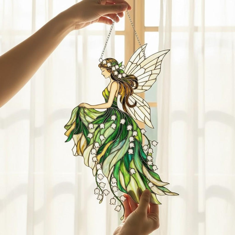 Maiglöckchen Fairy Acryl Suncatcher, Fee Fensterschmuck, Cottagecore Home Decor, 3 mm Acryl