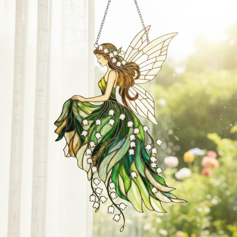 Maiglöckchen Fairy Acryl Suncatcher, Fee Fensterschmuck, Cottagecore Home Decor, 3 mm Acryl