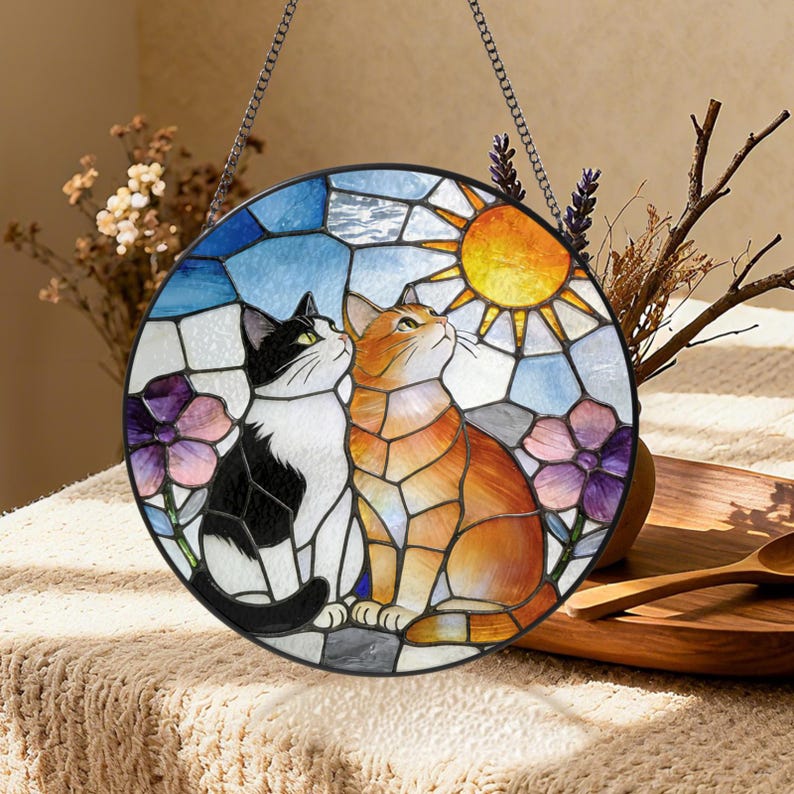 Glas Sonnenfänger Katzenpaar Tuxedo Orange, rund, hängende Dekoration, 10-30 cm
