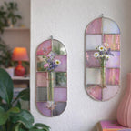 Glasmalerei-Wandvase rosa weiß Schachbrett, Boho Gartenkunst, Tiffany-Kupferfolie