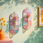Glasmalerei-Wandvase rosa weiß Schachbrett, Boho Gartenkunst, Tiffany-Kupferfolie