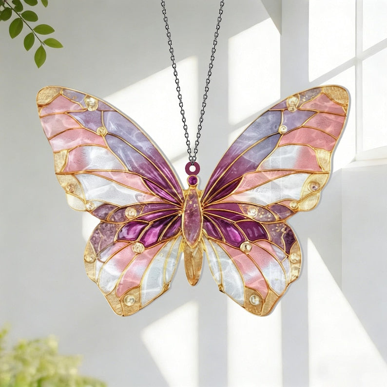 Glitzernder rosa Schmetterling Acrylverzierung Fensterbehang Boho Hausgarten-Dekor Regenbogen-Lichtfänger