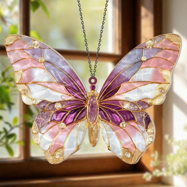 Glitzernder rosa Schmetterling Acrylverzierung Fensterbehang Boho Hausgarten-Dekor Regenbogen-Lichtfänger