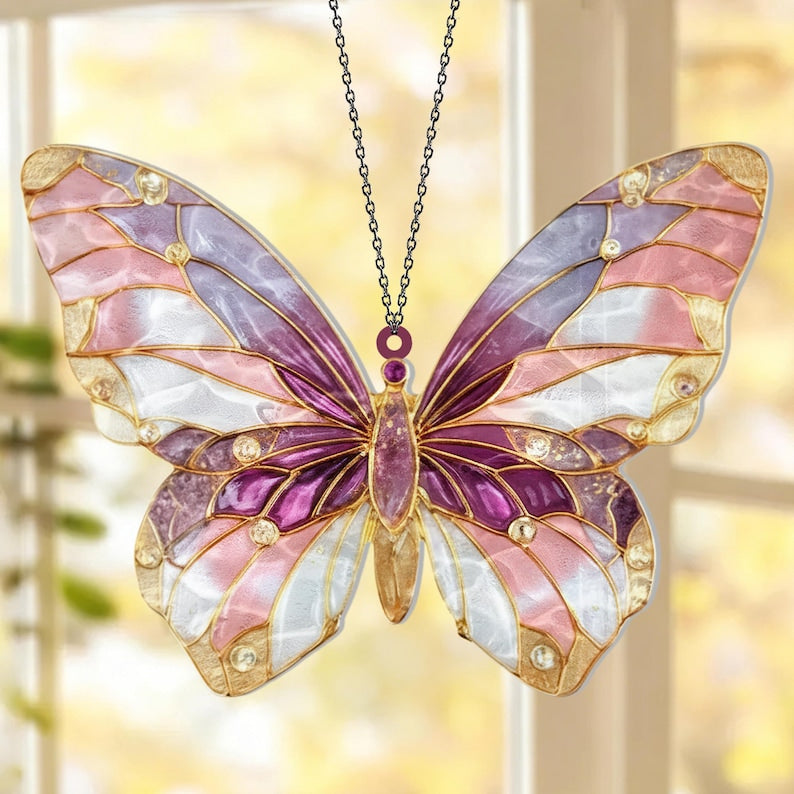 Glitzernder rosa Schmetterling Acrylverzierung Fensterbehang Boho Hausgarten-Dekor Regenbogen-Lichtfänger