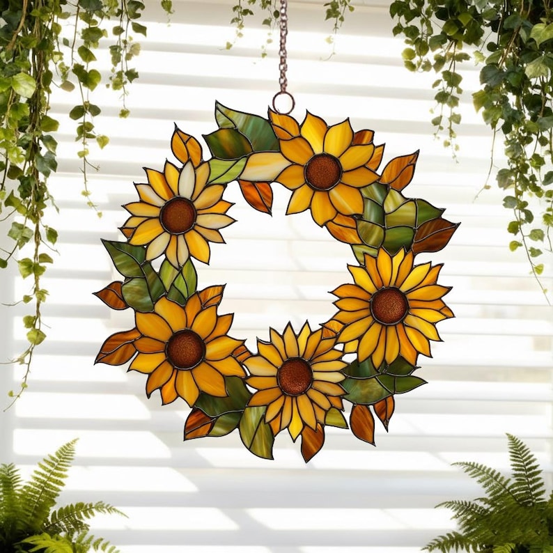 Sonnenblumen-Sonnenfänger, kranzförmiger Acryl-Fensterdekor, florales Ornament