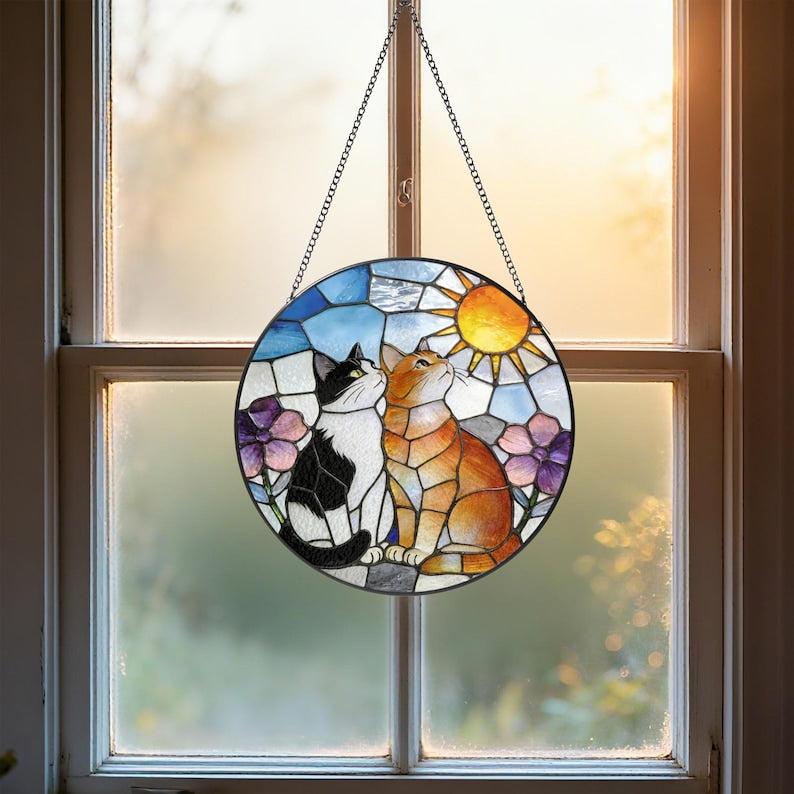 Glas Sonnenfänger Katzenpaar Tuxedo Orange, rund, hängende Dekoration, 10-30 cm