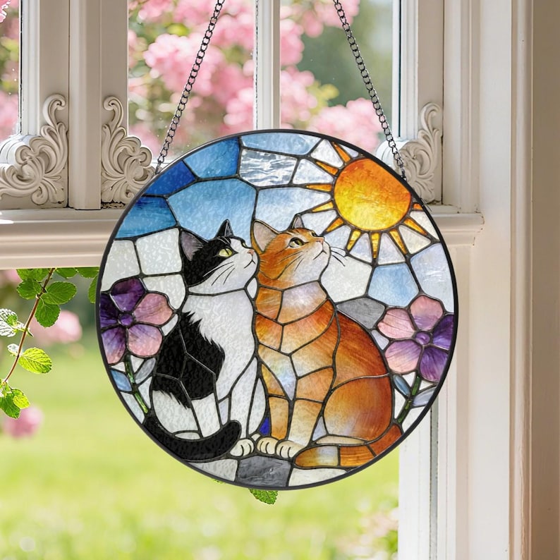 Glas Sonnenfänger Katzenpaar Tuxedo Orange, rund, hängende Dekoration, 10-30 cm