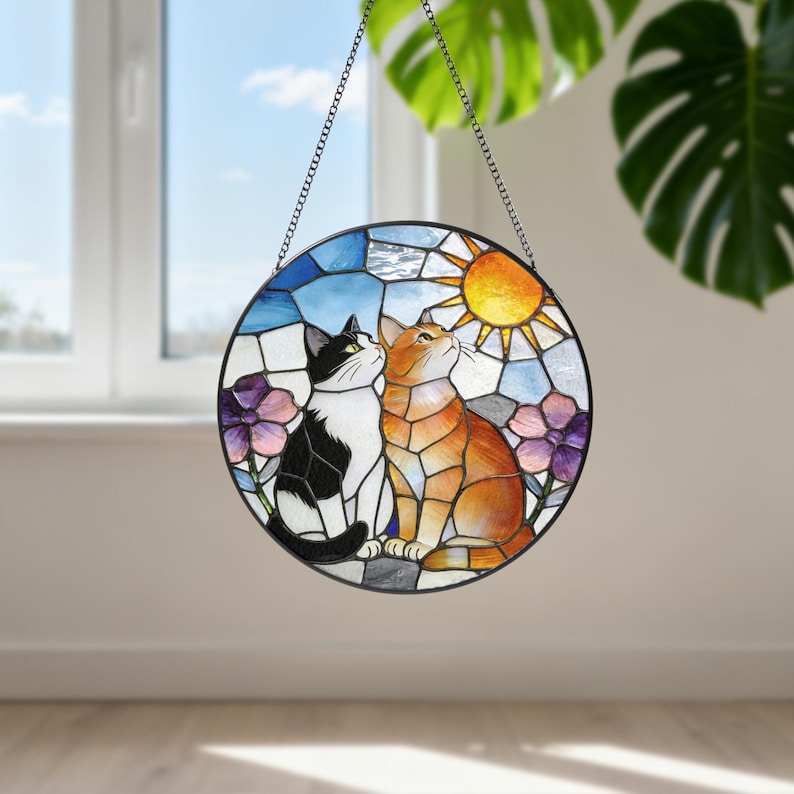 Glas Sonnenfänger Katzenpaar Tuxedo Orange, rund, hängende Dekoration, 10-30 cm
