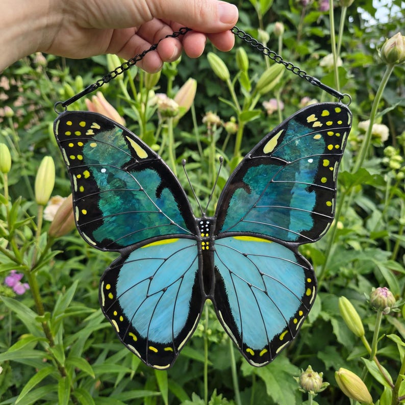 Grün gebänderter Urania-Suncatcher aus Buntglas, handgefertigt, Tiffany-Kupferfolie, Fenster-Deko