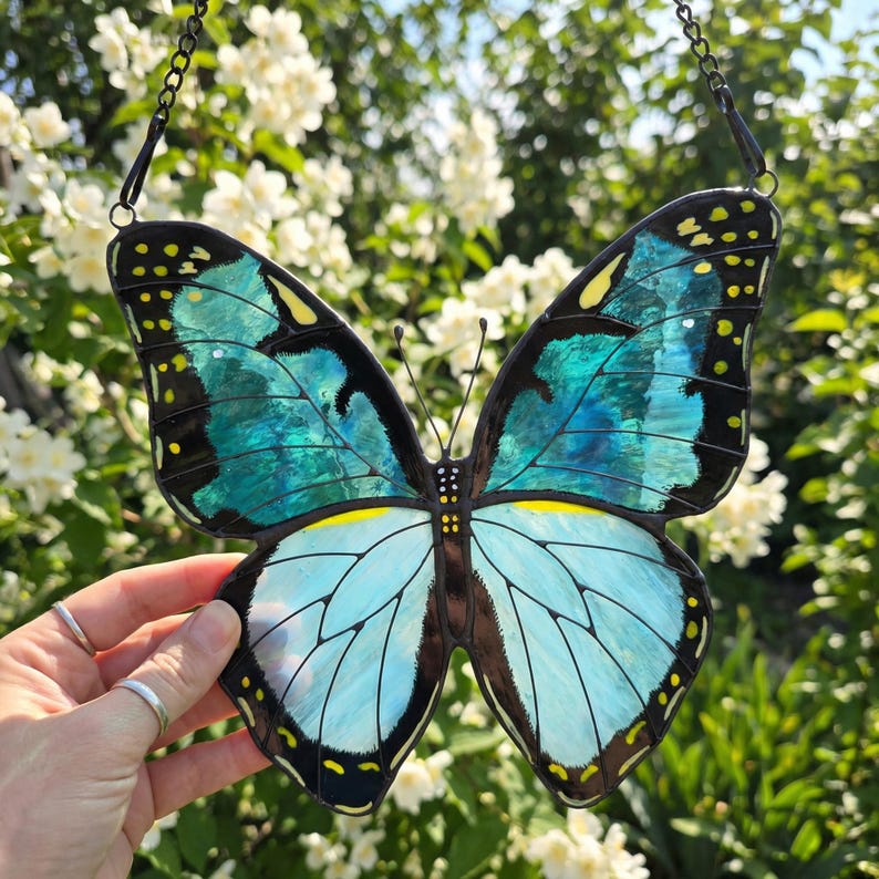 Grün gebänderter Urania-Suncatcher aus Buntglas, handgefertigt, Tiffany-Kupferfolie, Fenster-Deko