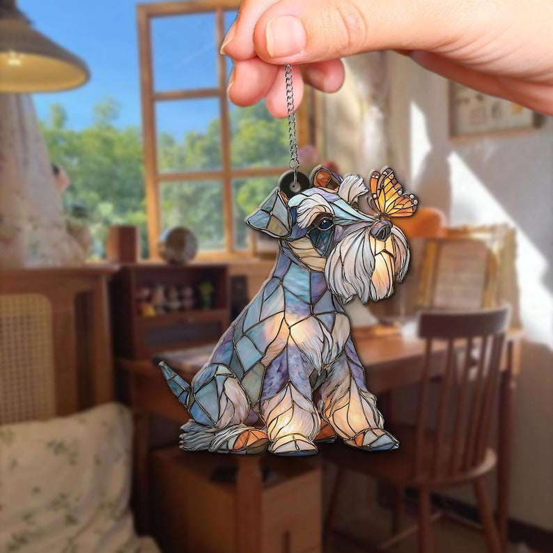 Schnauzer-Sonnenfänger mit Schmetterling, Fensterhänger, Haustier-Gedenkkunst, Acrylglas
