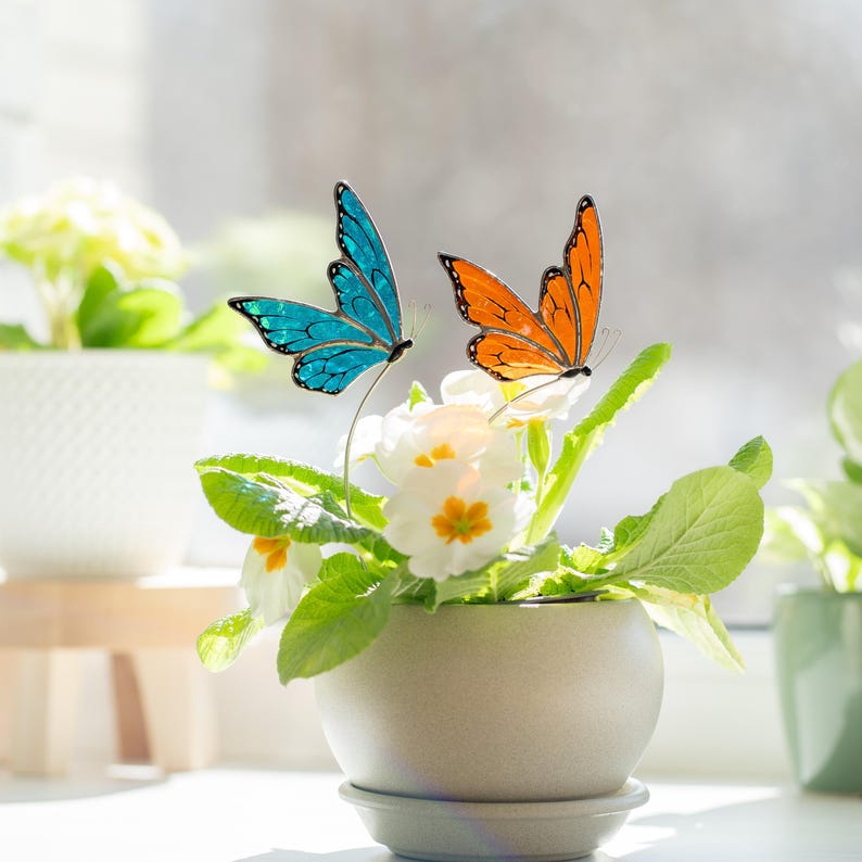 Glasmalerei Schmetterlings Pflanzenstecker Bunt Frühlings Dekor