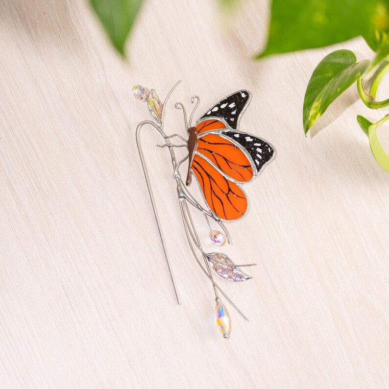 Monarch Kristall Sonnenfänger Pflanzenstecker - Buntglas Schmetterling
