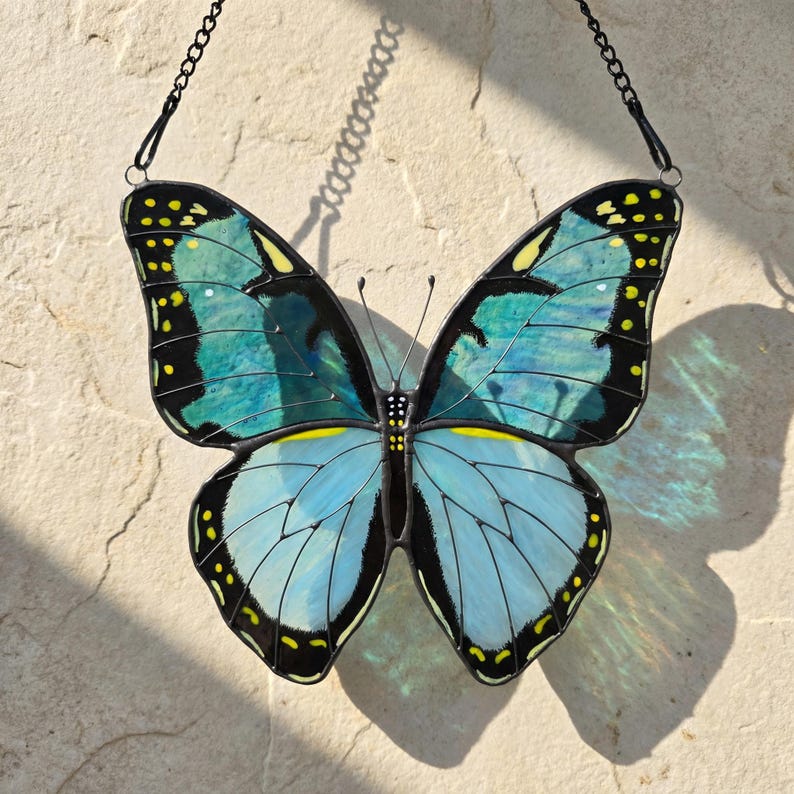Grün gebänderter Urania-Suncatcher aus Buntglas, handgefertigt, Tiffany-Kupferfolie, Fenster-Deko