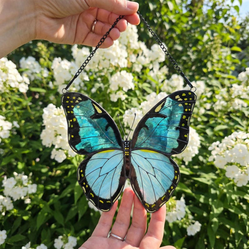 Grün gebänderter Urania-Suncatcher aus Buntglas, handgefertigt, Tiffany-Kupferfolie, Fenster-Deko