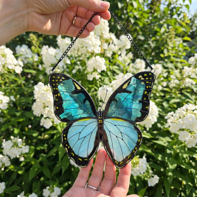 Grün gebänderter Urania-Suncatcher aus Buntglas, handgefertigt, Tiffany-Kupferfolie, Fenster-Deko