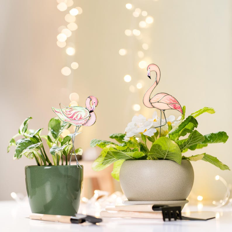 Glas Flamingo Pflanzenstecker Romantisches Gartendekor Handbemalt Rosa
