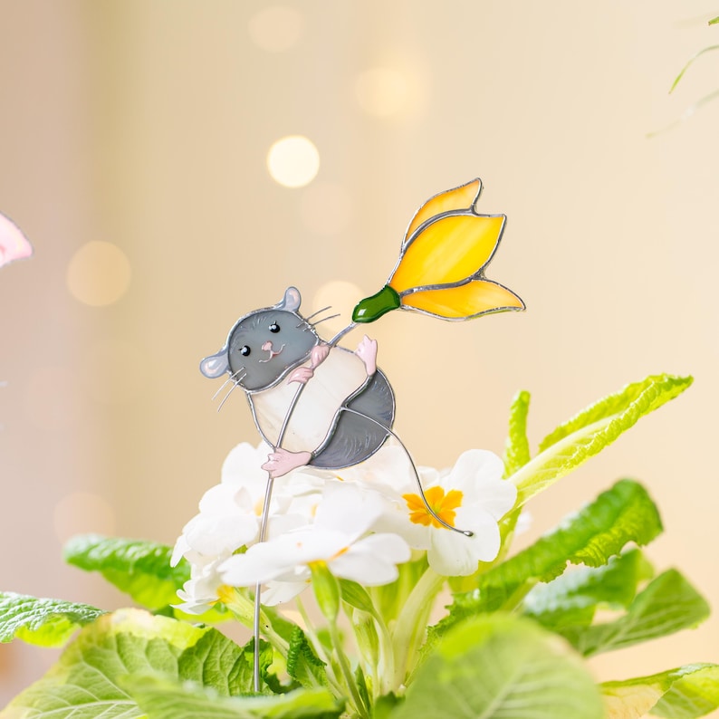 Glasmalerei-Maus-Pflanzenstecker Cottagecore Topf Deko Handgemacht