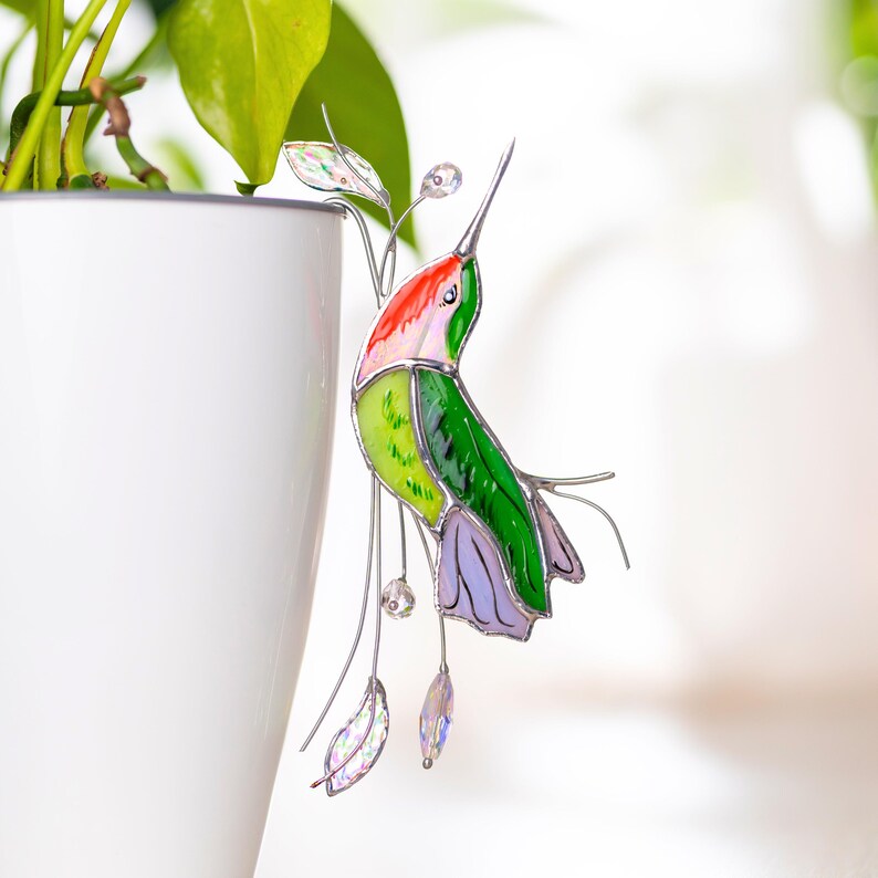Handgefertigter Glas-Kolibri-Pflanzenstecker mit Kristallen, 4 x 6,5 Zoll, Gartendekoration
