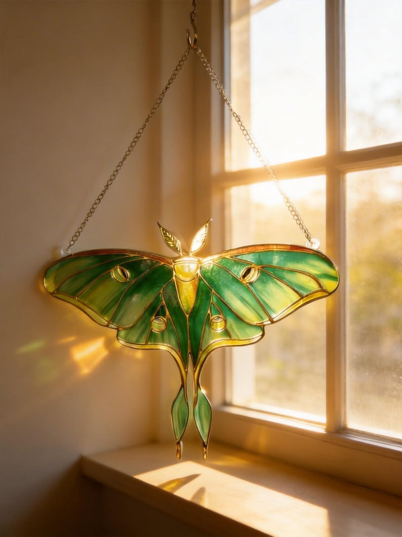 Grüne Motte Glasmalerei-Verzierung Schmetterling Fenster hängend Suncatcher-Dekoration Buntglas 20x20 cm