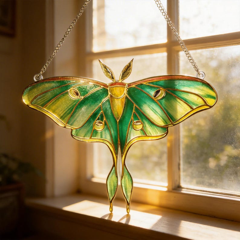 Grüne Motte Glasmalerei-Verzierung Schmetterling Fenster hängend Suncatcher-Dekoration Buntglas 20x20 cm