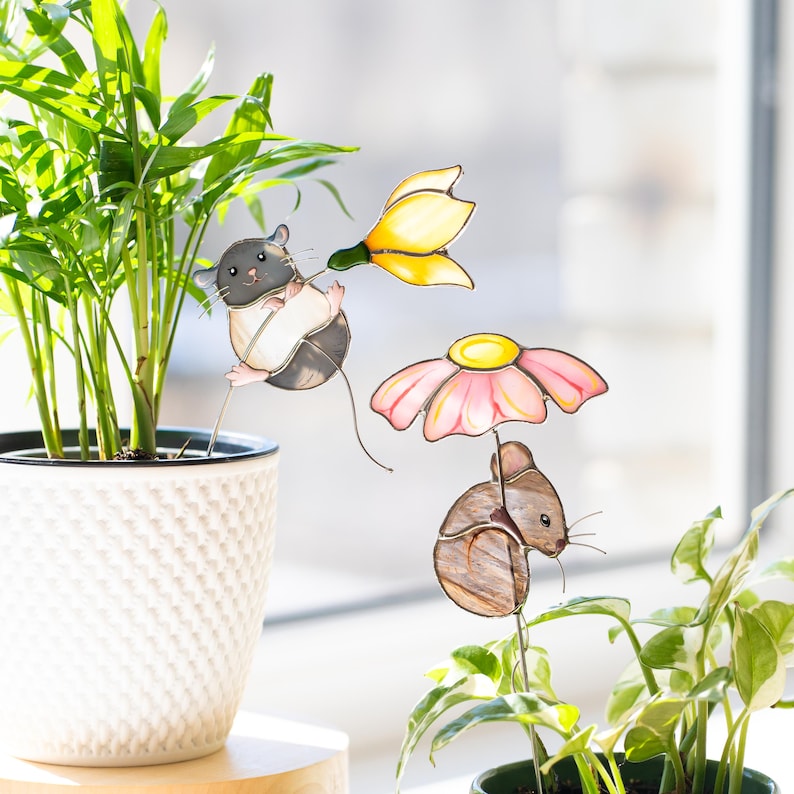 Glasmalerei-Maus-Pflanzenstecker Cottagecore Topf Deko Handgemacht