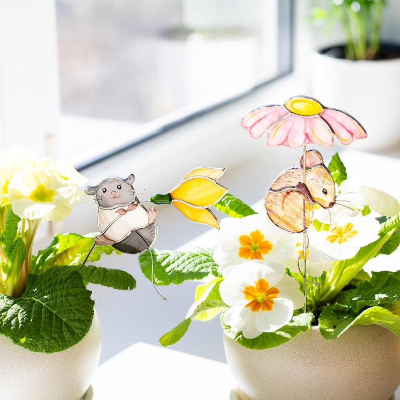 Glasmalerei-Maus-Pflanzenstecker Cottagecore Topf Deko Handgemacht