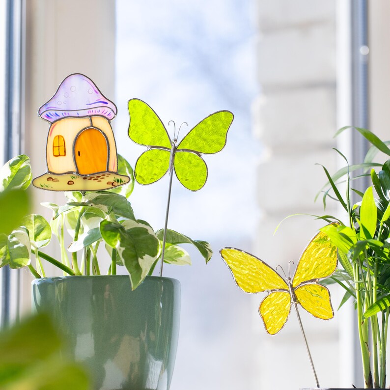 Pilzhaus und Schmetterling Set Stained Glass Plant Stakes Suncatcher Fairy Garden Decor