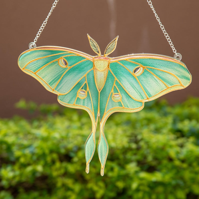 Grüne Motte Glasmalerei-Verzierung Schmetterling Fenster hängend Suncatcher-Dekoration Buntglas 20x20 cm