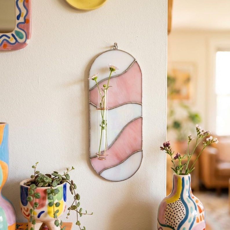 Buntglas-Wandvase Orange-Pink Welle, Tiffany-Kupferfolie, mit Reagenzglas | Vermehrungsstation, Wanddekor