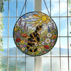 Glasmalerei Suncatcher Glückskatze Fensterbehang mit Wildblumen, 10-30 cm, Metallrahmen, Saugnapf