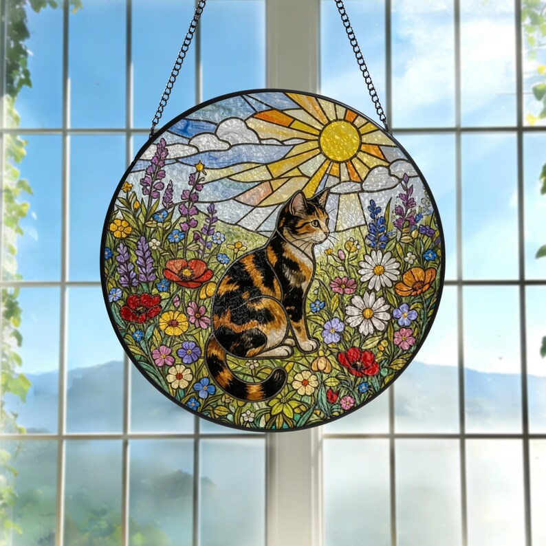 Glasmalerei Suncatcher Glückskatze Fensterbehang mit Wildblumen, 10-30 cm, Metallrahmen, Saugnapf