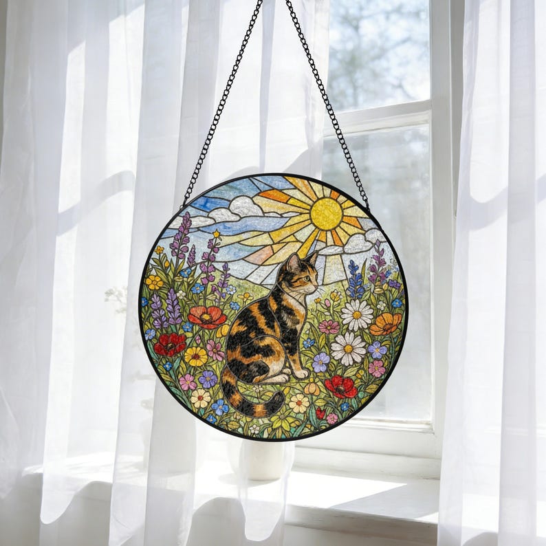 Glasmalerei Suncatcher Glückskatze Fensterbehang mit Wildblumen, 10-30 cm, Metallrahmen, Saugnapf