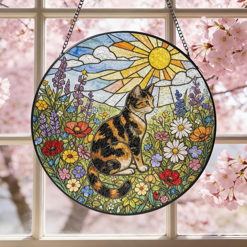 Glasmalerei Suncatcher Glückskatze Fensterbehang mit Wildblumen, 10-30 cm, Metallrahmen, Saugnapf